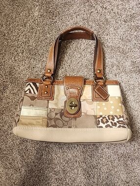 COACH Patchwork Beige & Tan Shoulder Bag - Branded Leather Trim